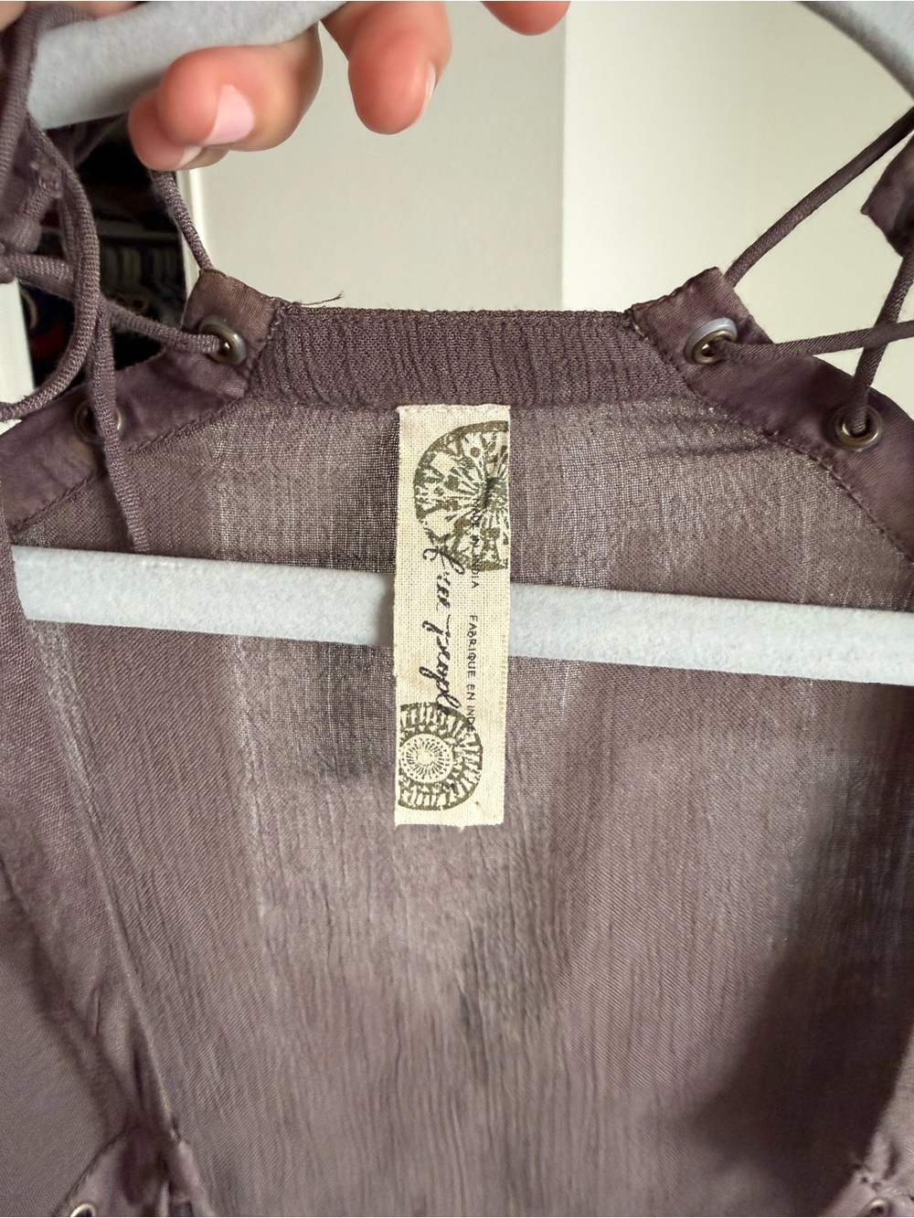 Free People Sheer Lace-Up Cocoa Button Front Blouse - Picture 2 of 5